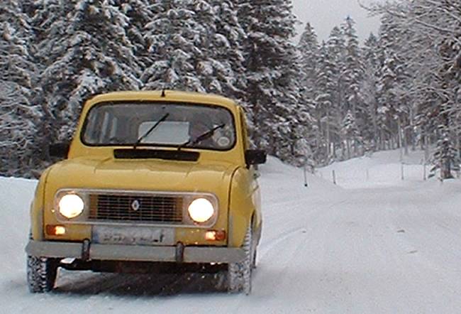 Ermintrude the Renault 4 was fitted with some extreme snow tyres that made
