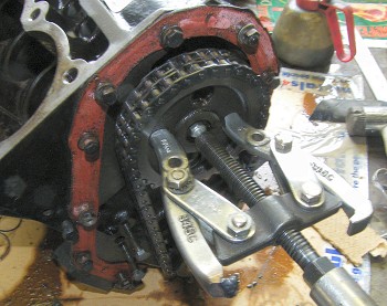 Using a hub puller to remove the camshaft sprocket