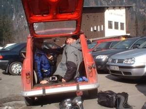 John and Chris in the back of the Renault 4