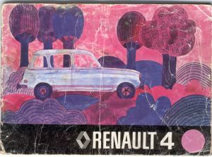 1973 handbook cover has surreal drawing of Renault 4 sith pink trees in the background